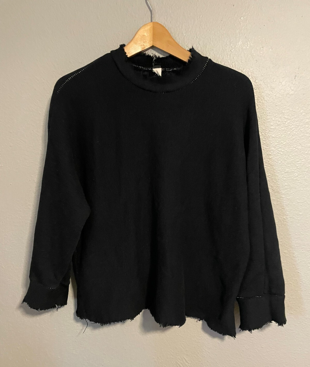 Womens Sweater Large Black Cotton Fringe Hem Mock Neck Relaxed Sustainable